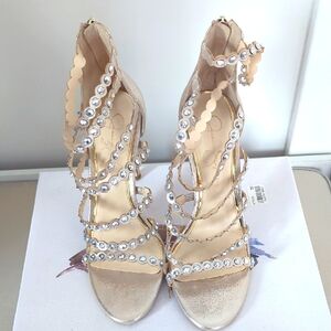 Jessica Simpson Glided Gold Shimmer Heels Sandals with Rhinestones Size 8